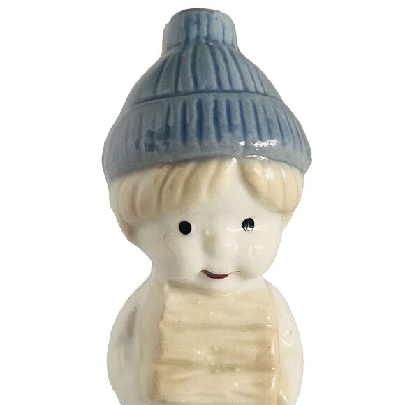 Vintage Ceramic Figurine Boy Carrying Woods Porcelain  Figure Blue & White - Picture 2 of 8